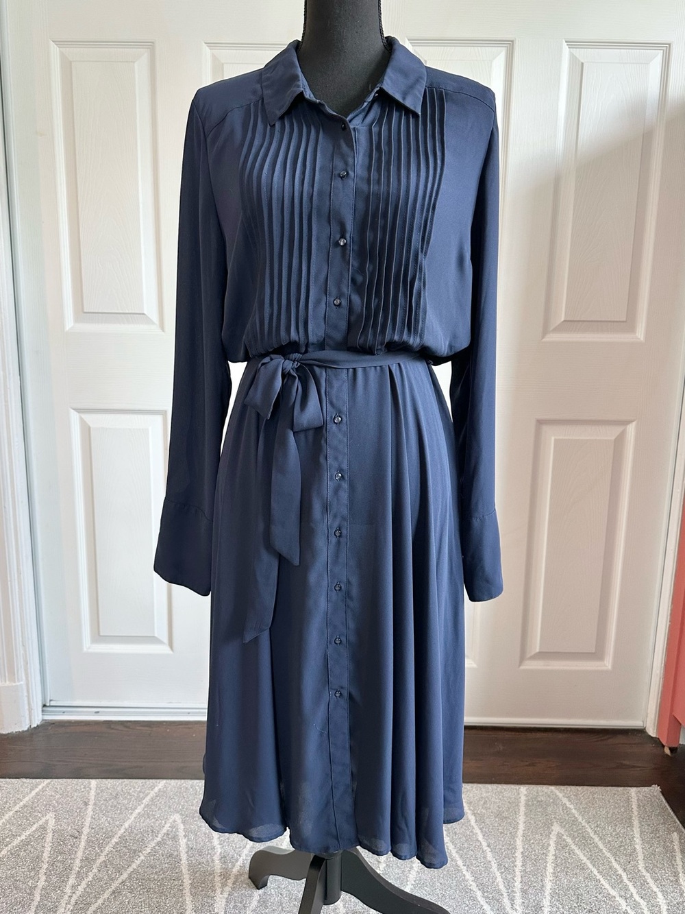 Nanette Lenore Navy Blue Pleated Top Tie Waist Shirt Dress